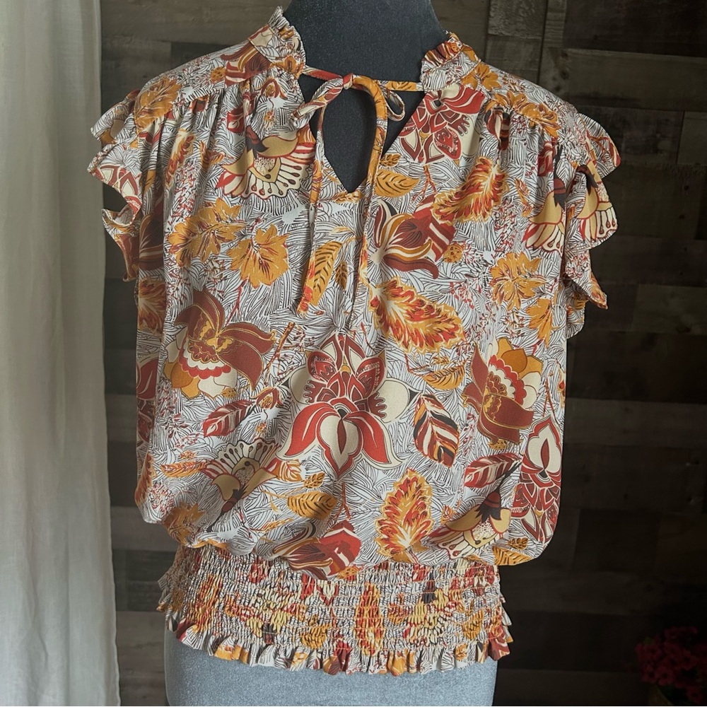 Floral Ruffle Sleeve Top - Multicolor